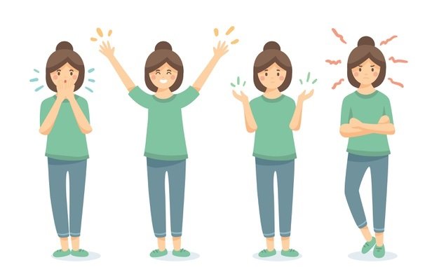 uma menina, representada 4 vezes, uma ao lado da outra, em diferentes momentos de emoção: triste, feliz, em dúvida e estressada.