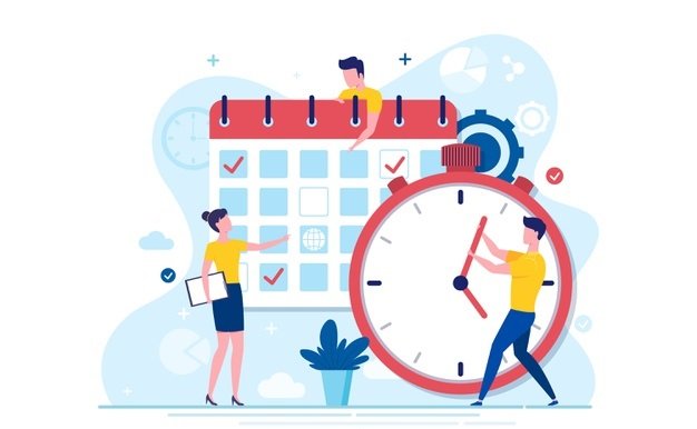 imagem gráfica representando o controle de tempo. Calendário e relógios gigantes sendo movidos por duas pessoas.