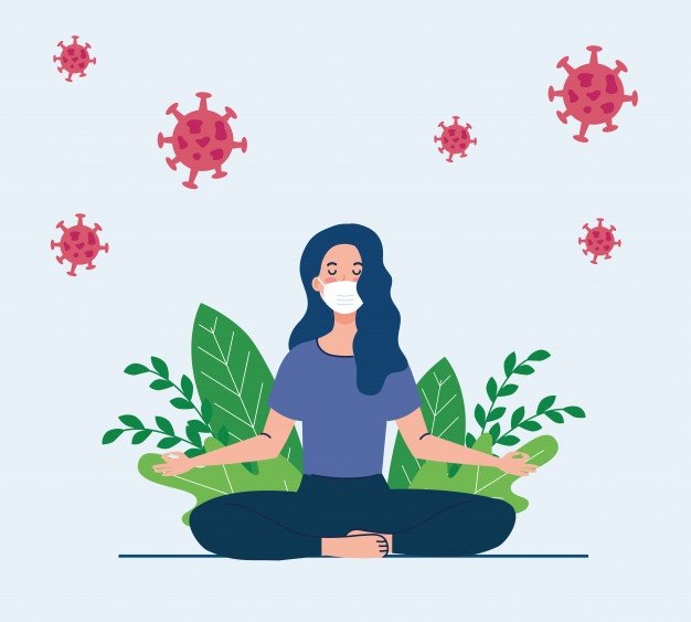 uma menina meditando, em posição de lótus e olhos fechados, usando uma máscara de proteção no rosto. Há vírus gigantes em cima dela, mas ela se preocupa com o que ela pode controlar.